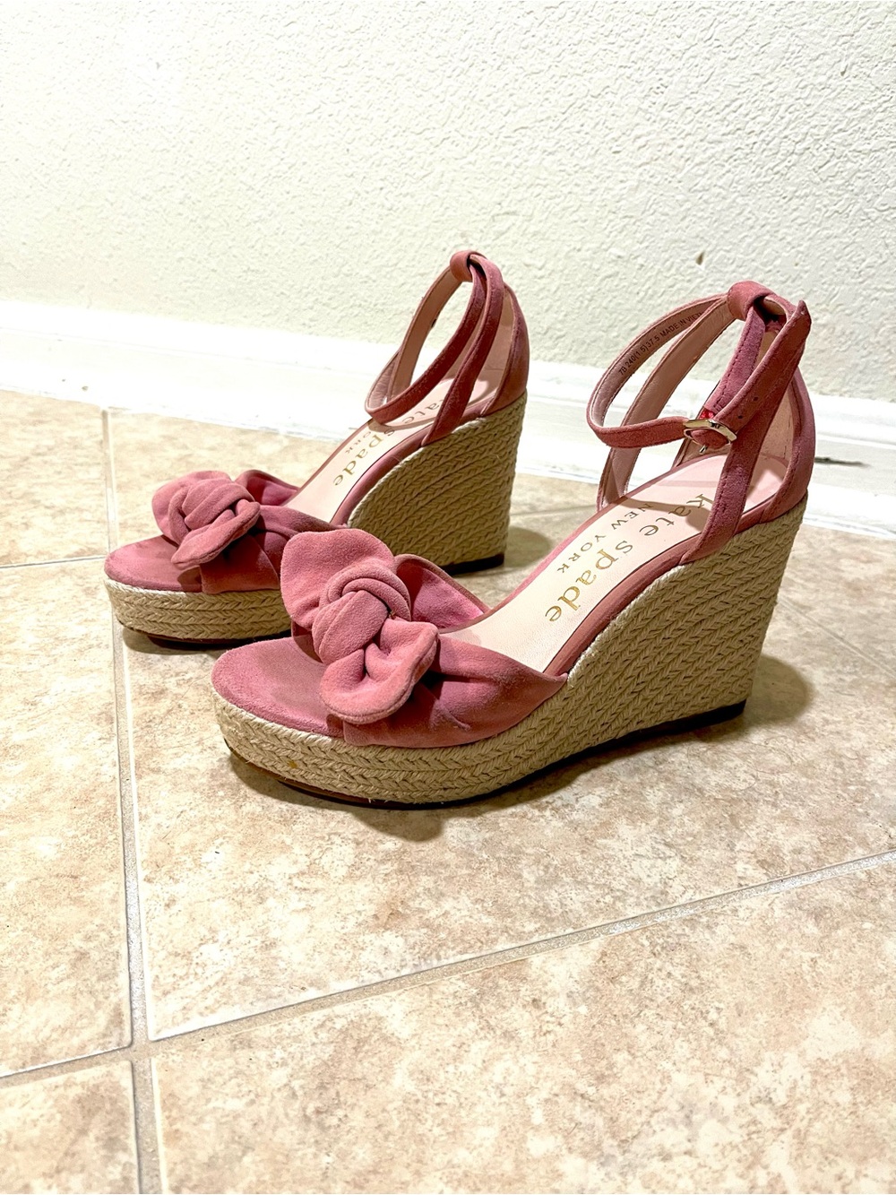 kate spade Rose Pink Suede Knot Espadrille Wedge Sandals
